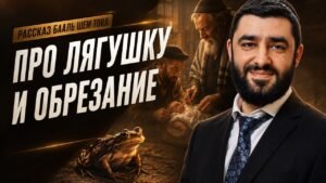 Thumbnail for a Russian-language video: man in a suit on the right, bold title Про лягушку и обрезание with doctors and a baby in the background, and a frog in the foreground.