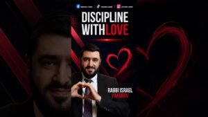 Poster for 'Discipline with Love' featuring Rabbi Israel Yakobov in a suit making a heart shape with his hands amid a red heart graphic.