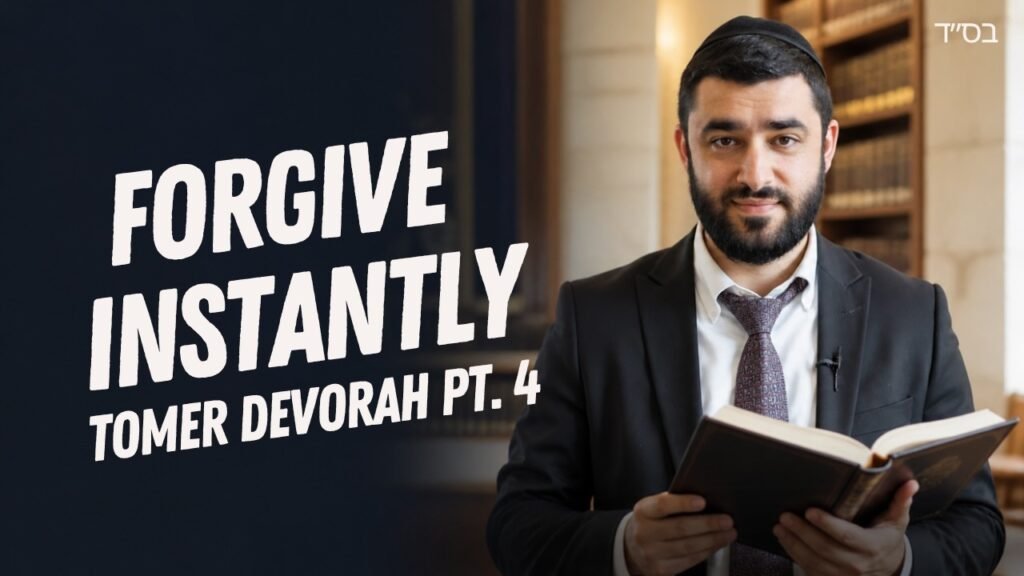Man in a suit with a beard reads an open book in a library, with the video title 'FORGIVE INSTANTLY TOMER DEVORAH PT. 4' in bold white text on the left side.