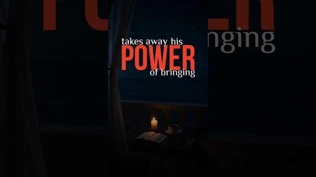 Nighttime balcony scene with a lit candle, an open book, and a teacup on a small table by the railing, against a moonlit sea; bold text overlay reads 'takes away his POWER of bringing'