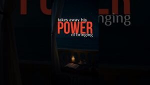 Nighttime balcony scene with a lit candle, an open book, and a teacup on a small table by the railing, against a moonlit sea; bold text overlay reads 'takes away his POWER of bringing'