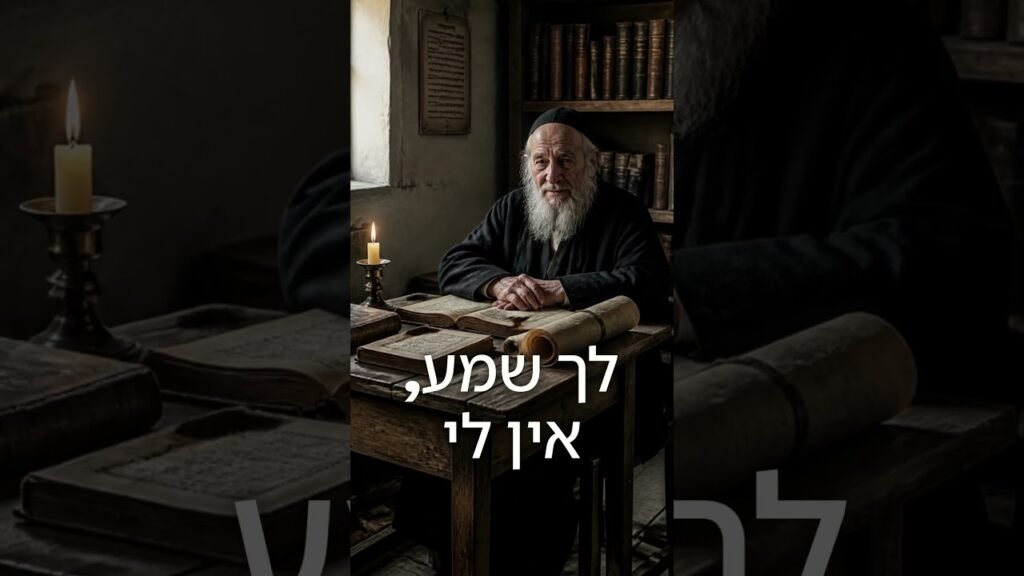Bearded Jewish scholar in black robes sits at a wooden desk with scrolls and old books, candlelit study in the background; Hebrew text overlay on image.