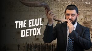 Man in a suit blowing a shofar in front of a stone wall with the text 'THE ELUL DETOX'.