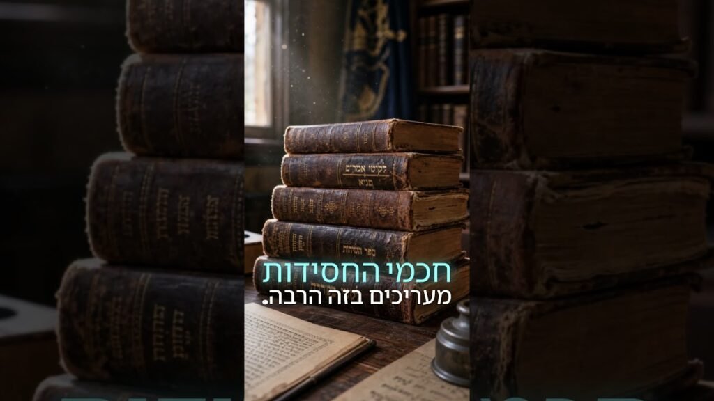 Stack of old Hebrew religious books stacked on a wooden desk, with an open page in the foreground and sunlight streaming in.
