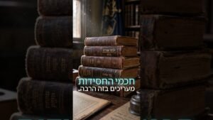 Stack of old Hebrew religious books stacked on a wooden desk, with an open page in the foreground and sunlight streaming in.
